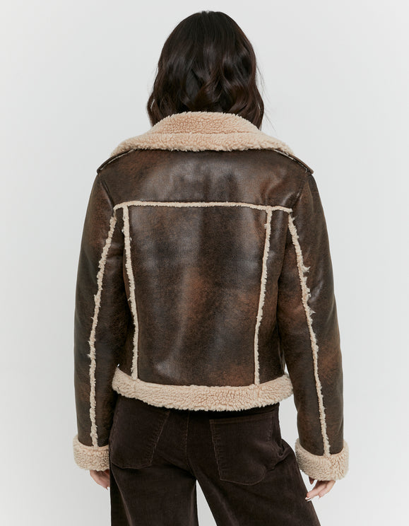 Tally Weijl brown aviator jacket with beige shearling trim, back model view