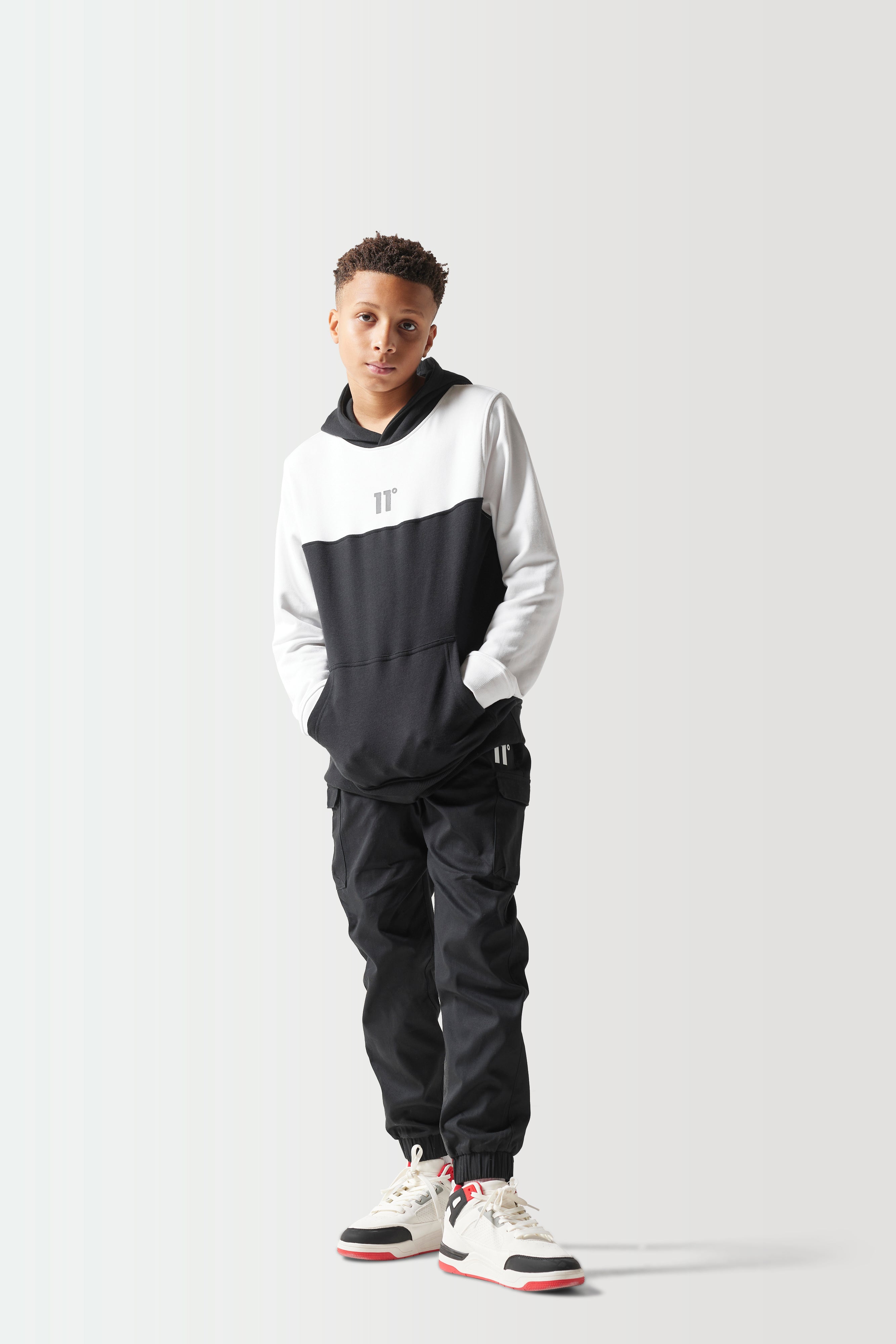 Junior Colour Block Hoodie - Black / White-Full model view