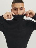 JACK & JONES Emil Knit Roll Neck Jumper in Black roll neck detail angled view