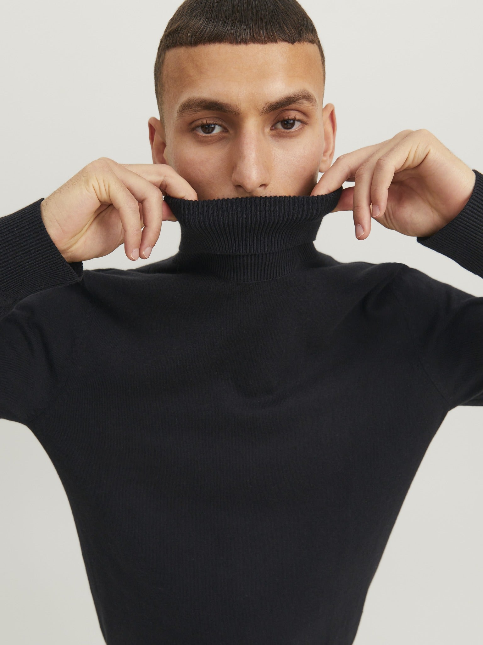JACK & JONES Emil Knit Roll Neck Jumper in Black roll neck detail angled view