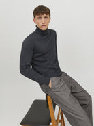 JACK & JONES Emil Knit Roll Neck Jumper in Dark Grey ribbed hem and cuff detail