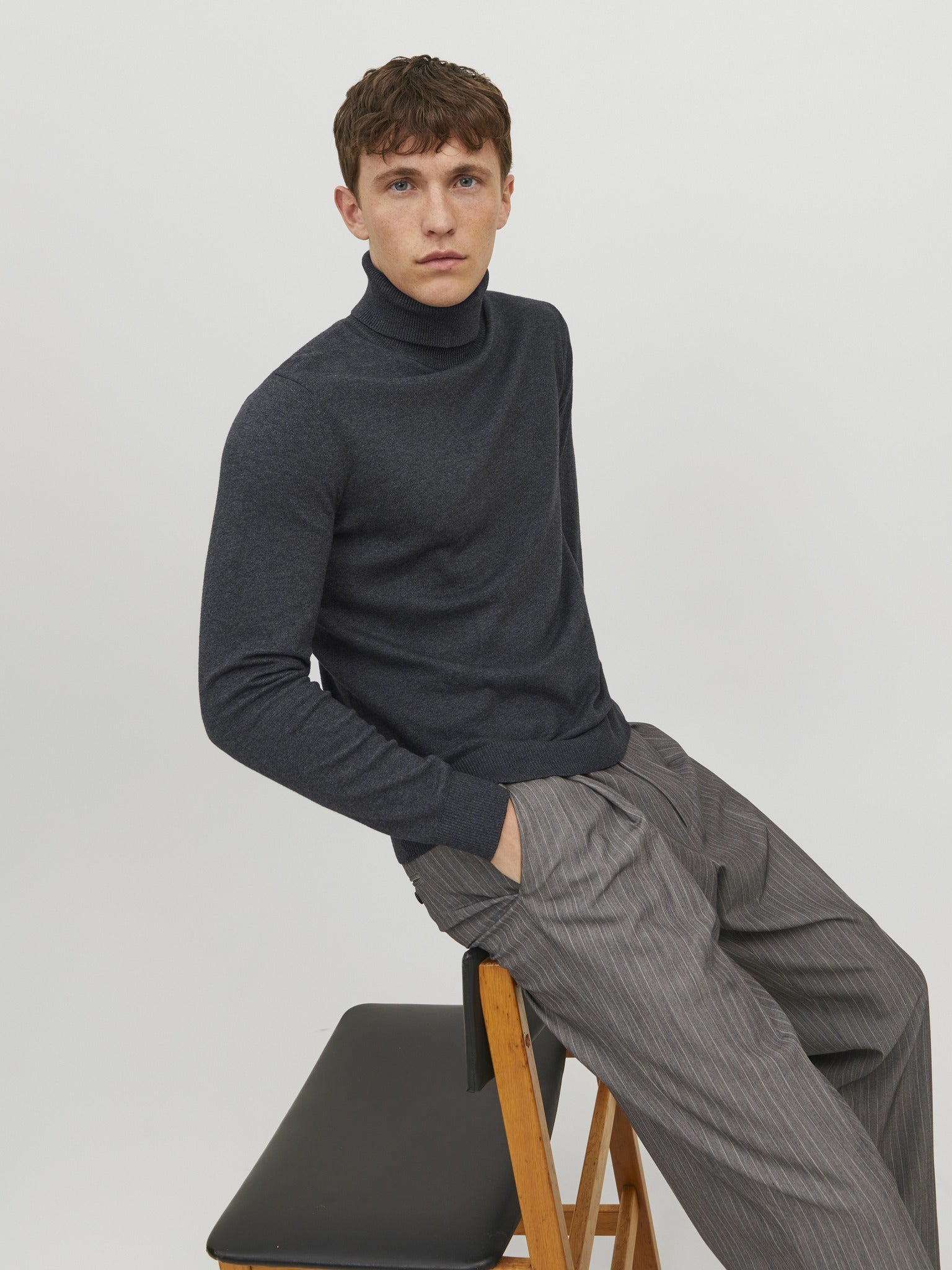 JACK & JONES Emil Knit Roll Neck Jumper in Dark Grey ribbed hem and cuff detail