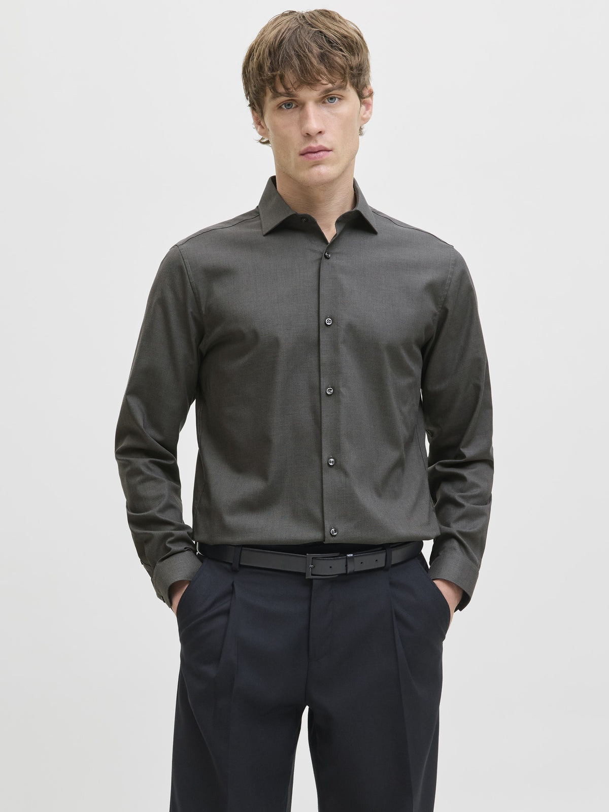JACK & JONES parker Shirt Long Sleeve - Slim FIT in Dark Grey Melange front view