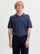JACK & JONES Riley Knit Short Sleeve Polo in Insignia Blue twist front model view