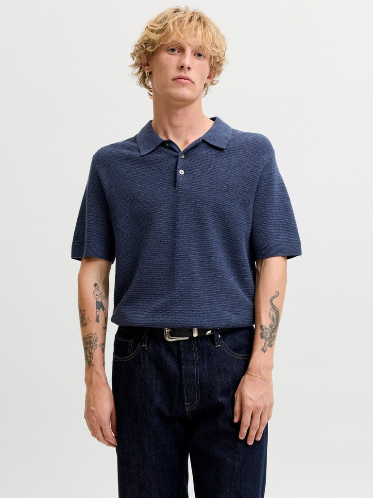 JACK & JONES Riley Knit Short Sleeve Polo in Insignia Blue twist front model view