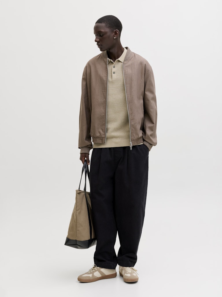 JACK JONES PREMIUM Riley Knit Polo  Lemon Pepper knit polo shirt front view