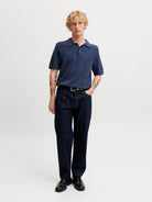 JACK & JONES Riley Knit Short Sleeve Polo in Insignia Blue twist full length model view
