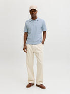 JACK JONES PREMIUM Riley Knit Short Sleeve Polo-Ashley Blue Ashley Blue model front view