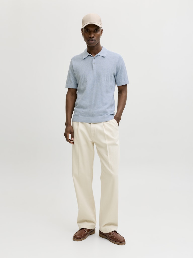 JACK JONES PREMIUM Riley Knit Short Sleeve Polo-Ashley Blue Ashley Blue model front view