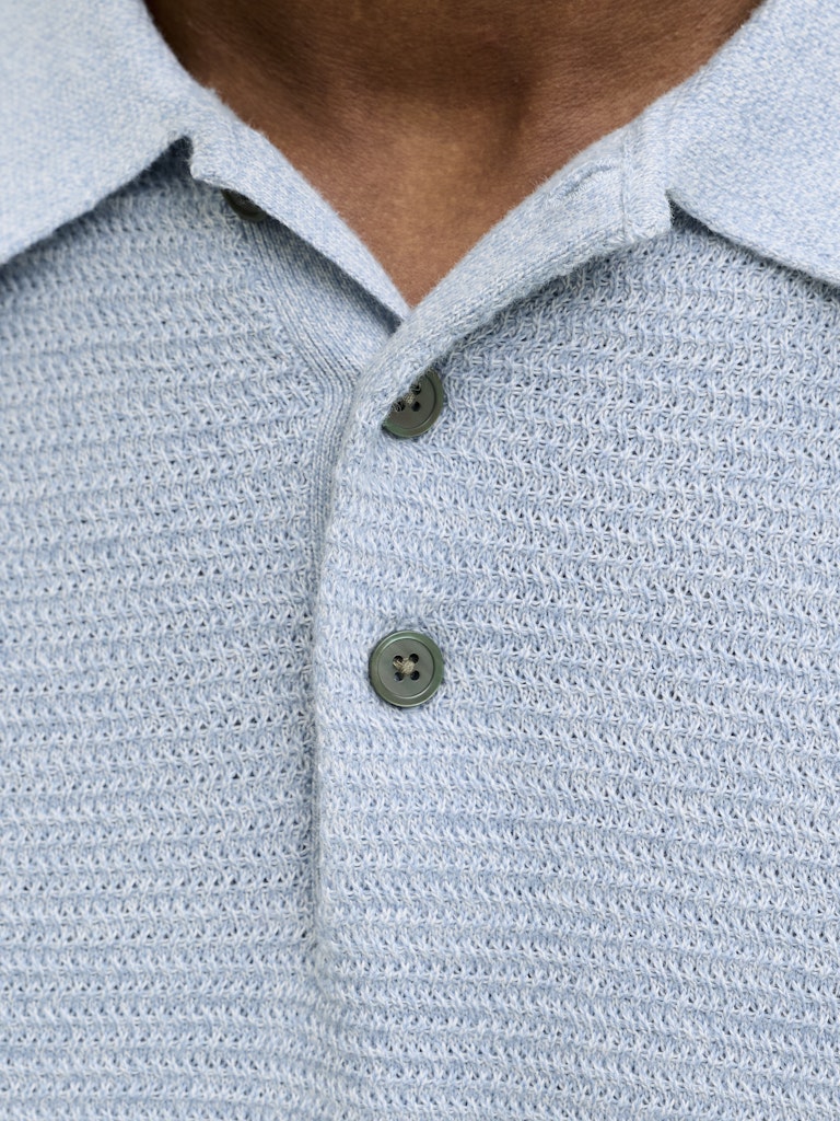 JACK JONES PREMIUM Riley Knit Polo Ss  Ashley Blue knit texture and button detail