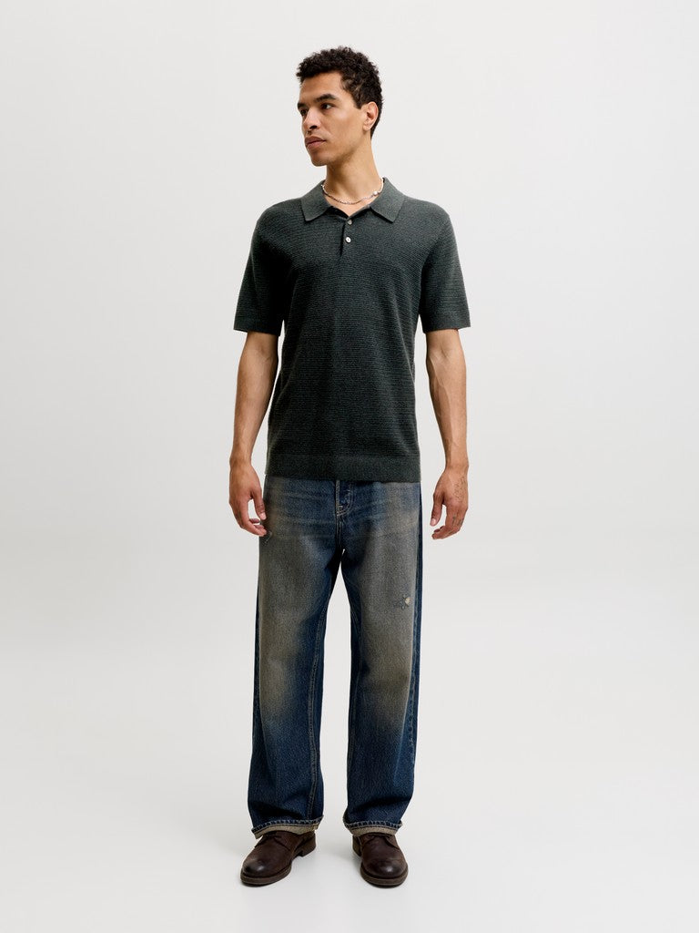JACK & JONES Riley Knit Short Sleeve Polo in Scarab twist full length model view