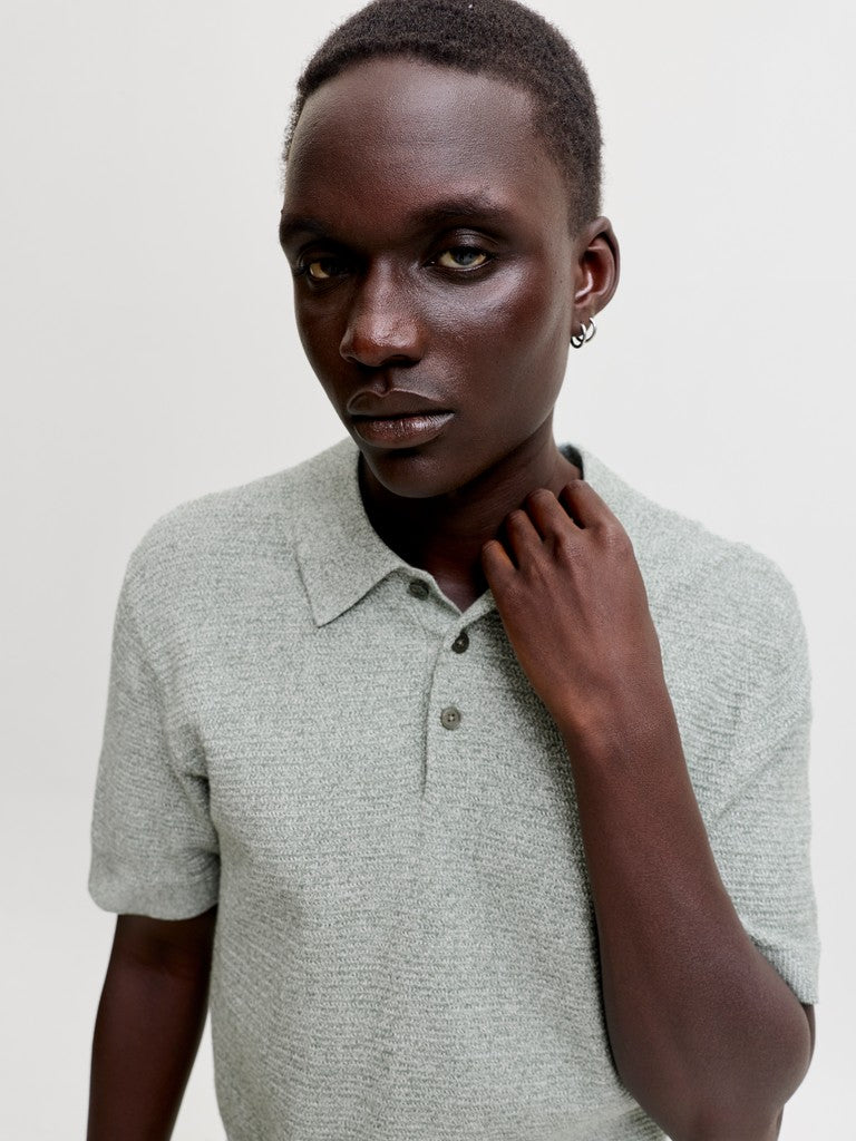 JACK & JONES Riley Knit Short Sleeve Polo in Laurel Wreath twist angled model view