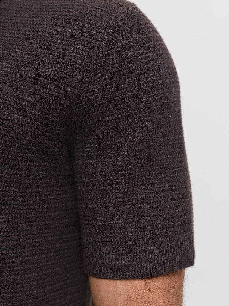 JACK & JONES Riley Knit Short Sleeve Polo in Ganache twist textured knit sleeve detail