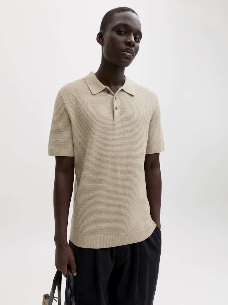 JACK JONES PREMIUM Riley Knit Polo  Lemon Pepper short sleeve front view