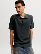 JACK & JONES Riley Knit Short Sleeve Polo in Scarab twist angled model view