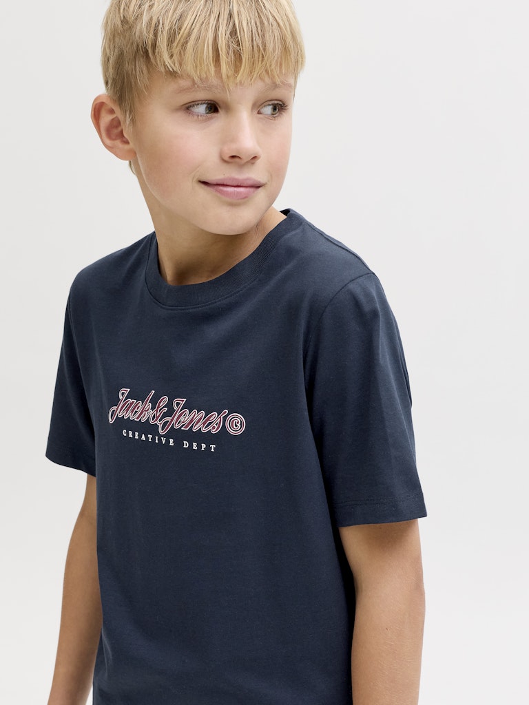 Jack Jones Youths Montauk Type Front Tee Cn Jnr-Sky Captain navy blue front view with logo detail