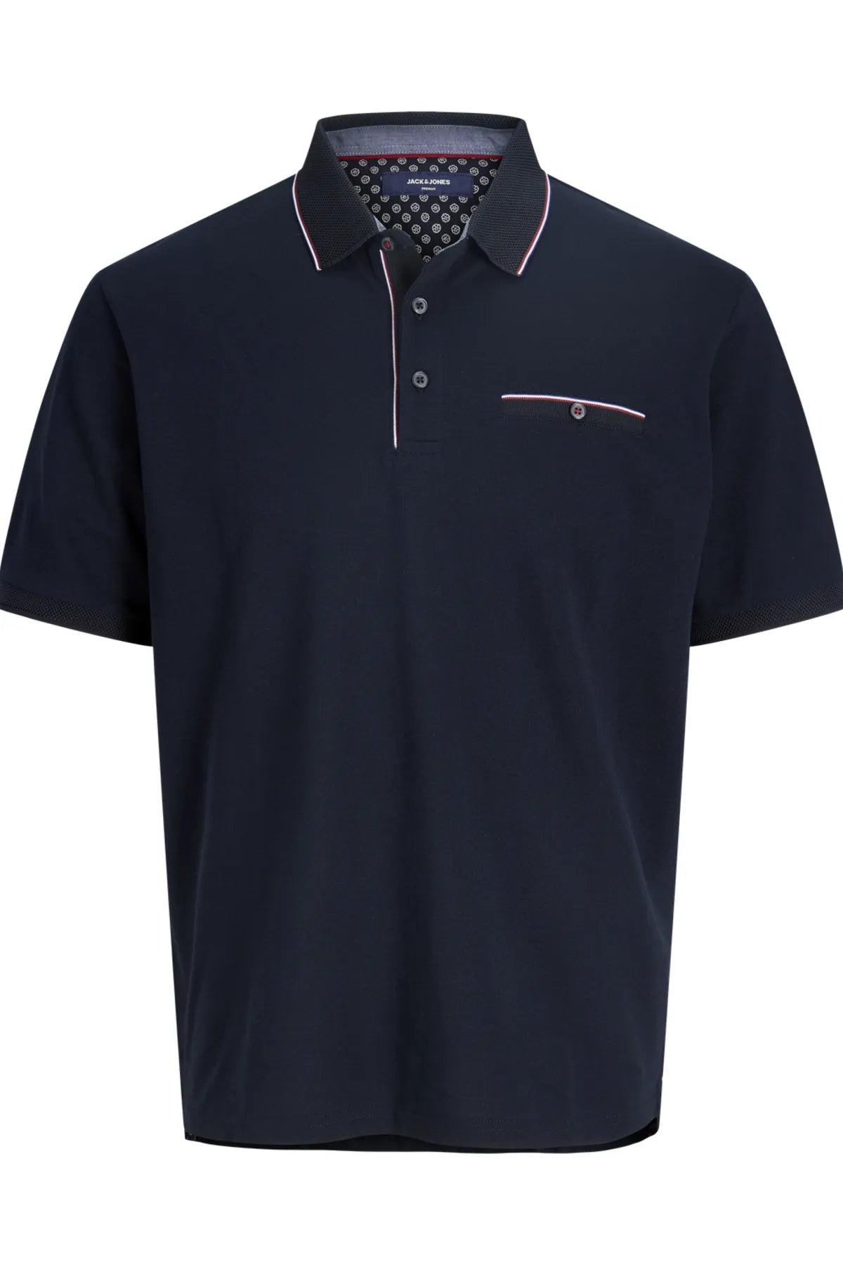 Navy blue Ted polo shirt with white trim on a white background