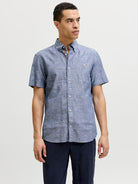 JACK JONES PREMIUM Summer Linen Shield Short Sleeve Faded Denim Shirt Faded Denim front view