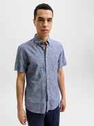 JACK JONES PREMIUM Summer Linen Shield Short Sleeve Faded Denim Shirt Faded Denim model front view