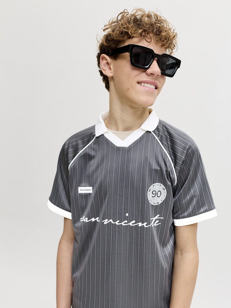 Jack Jones Youths Eterna Football Junior Boys Polo in Asphalt half model view