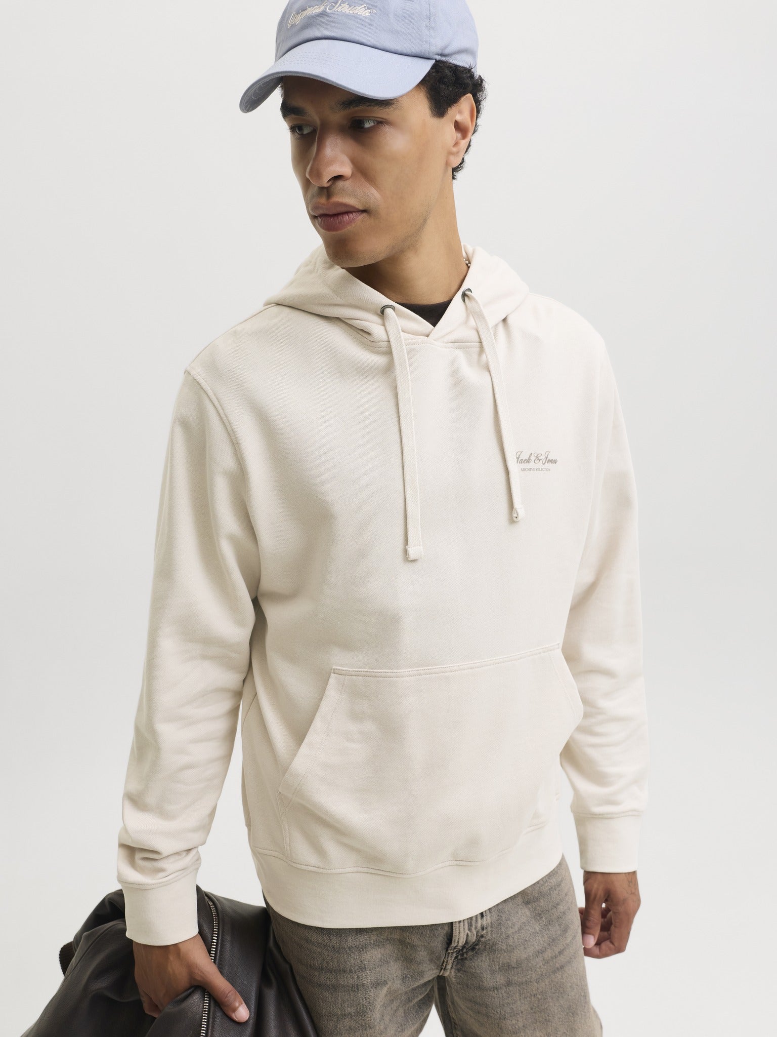 JACK & JONES Archive Graphic Sweat Hoodie in Moonbeam angled model view