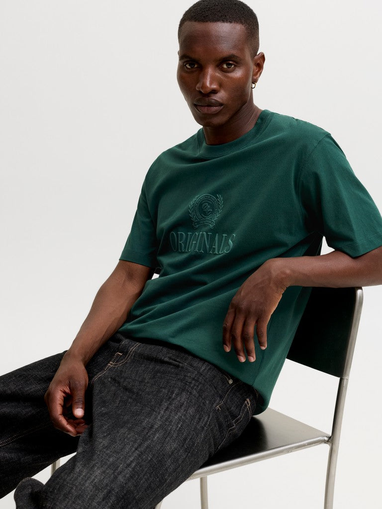 JACK & JONES Frederiksberg Monogram Crew Neck Tee in Pine Grove seated model view