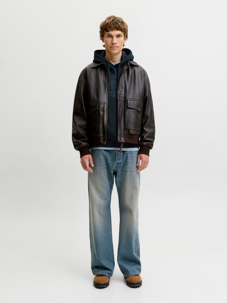 JACK & JONES Frederiksberg Monogram Sweat Hoodie in Sky Captain full length model view