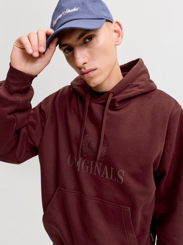 JACK & JONES Frederiksberg Monogram Sweat Hoodie in Chocolate truffle angled model view
