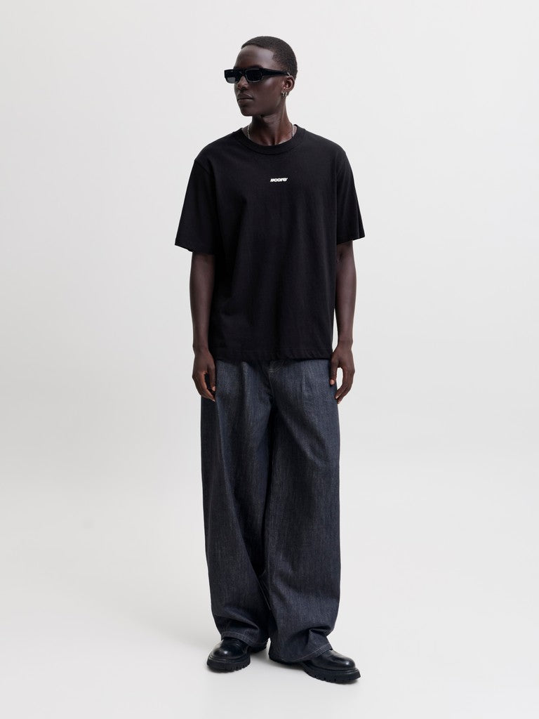 JACK & JONES Club Back Script Crew Neck Tee in Black full length model view