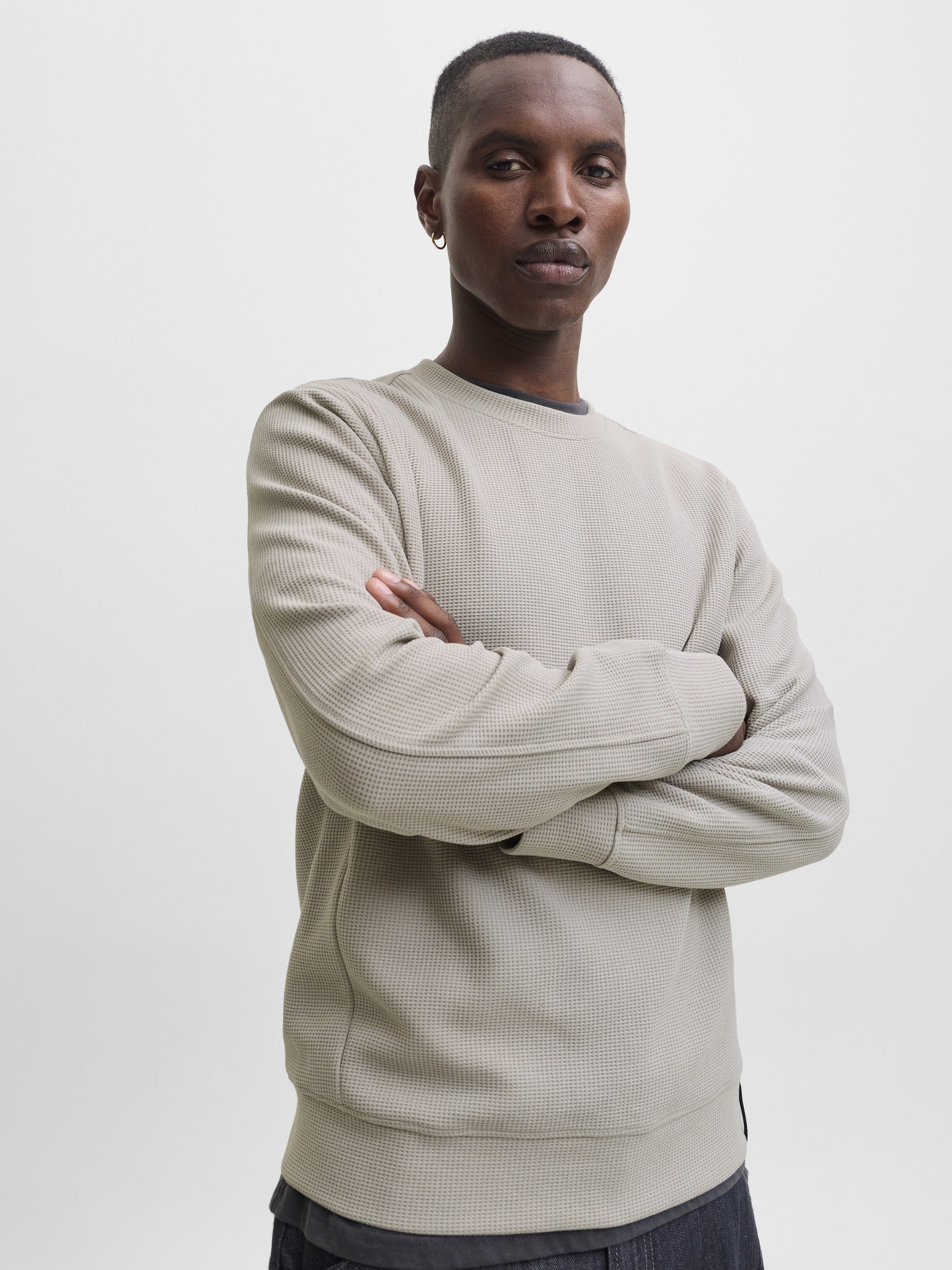 JACK & JONES Fusion Waffle Brand Sweatshirt Crew Neck in Dove angled model view