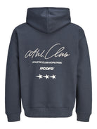 JACK & JONES Club Back Script Print Sweat Hoodie in Outer Space back view