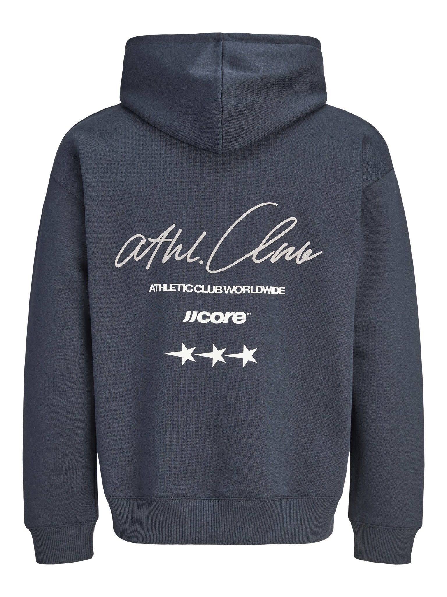 JACK & JONES Club Back Script Print Sweat Hoodie in Outer Space back view