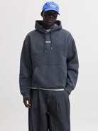JACK & JONES Club Back Script Print Sweat Hoodie in Outer Space front model view