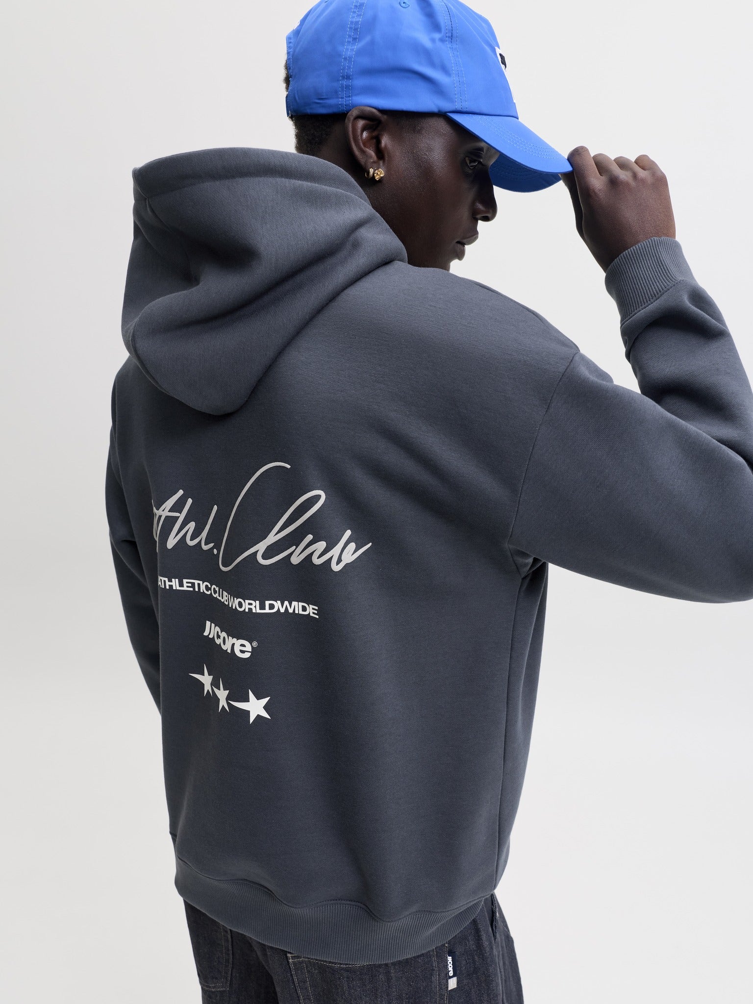 JACK & JONES Club Back Script Print Sweat Hoodie in Outer Space back model view