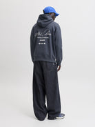 JACK & JONES Club Back Script Print Sweat Hoodie in Outer Space angled model view