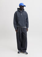JACK & JONES Club Back Script Print Sweat Hoodie in Outer Space full length model view
