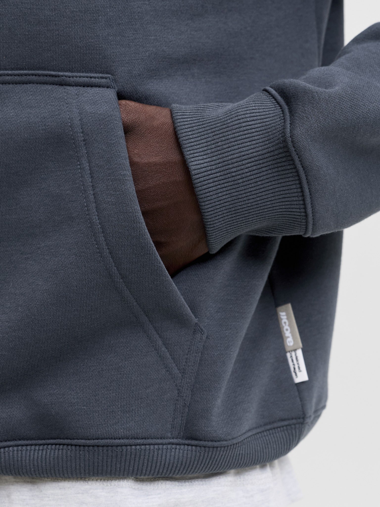 JACK & JONES Club Back Script Print Sweat Hoodie in Outer Space pouch pocket detail