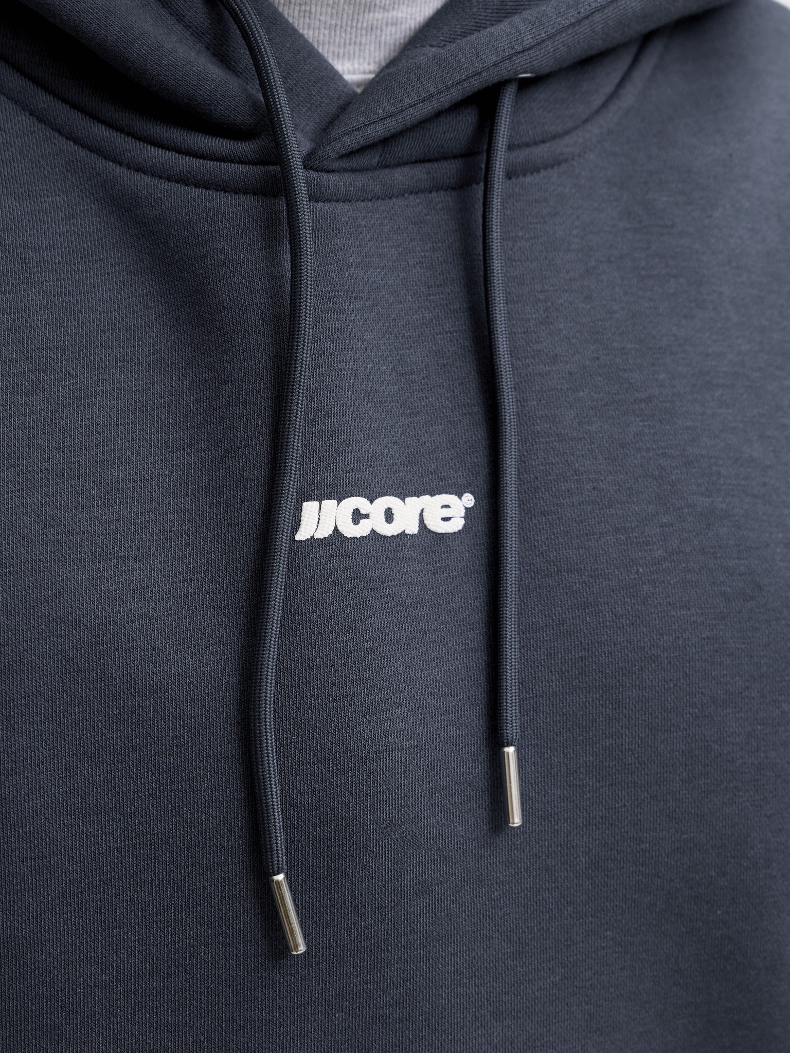 JACK & JONES Club Back Script Print Sweat Hoodie in Outer Space logo detail