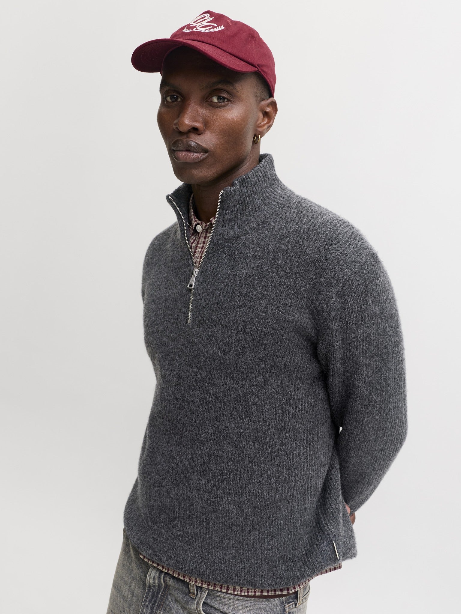 JACK & JONES Frederiksberg Ollie Knit Half Zip in Black angled model view