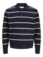 JACK & JONES Atocha Knit Stripe Polo in Sky Captain Sea Salt / Chocolate Truffle front view
