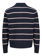 JACK & JONES Atocha Knit Stripe Polo in Sky Captain Sea Salt / Chocolate Truffle back view