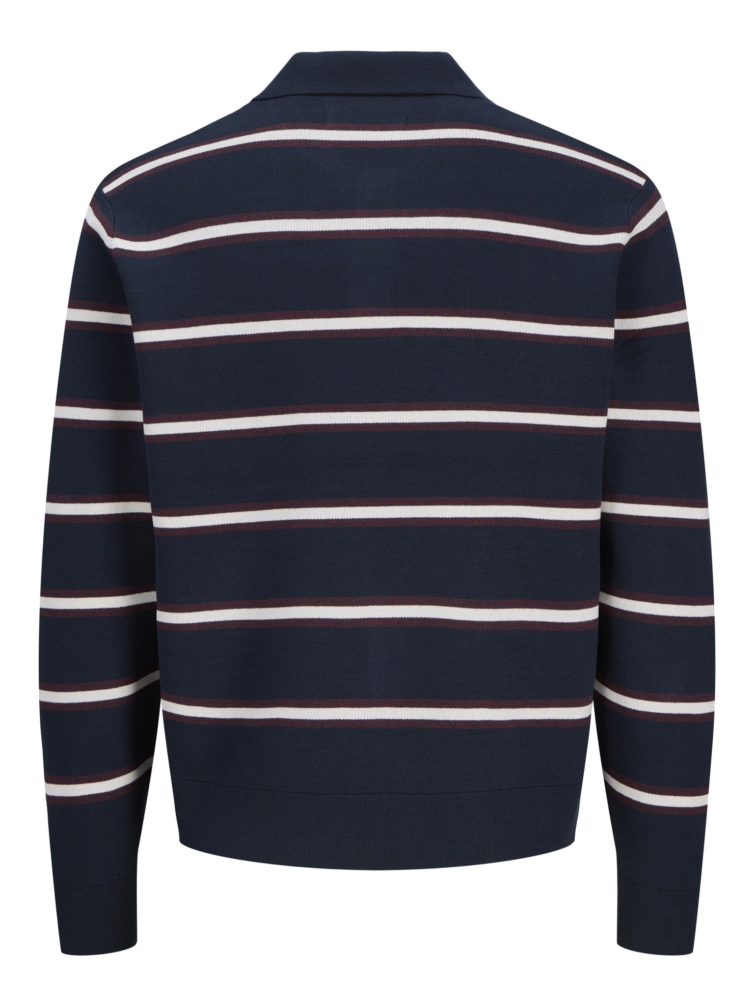 JACK & JONES Atocha Knit Stripe Polo in Sky Captain Sea Salt / Chocolate Truffle back view