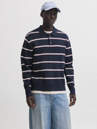 JACK & JONES Atocha Knit Stripe Polo in Sky Captain Sea Salt / Chocolate Truffle on model