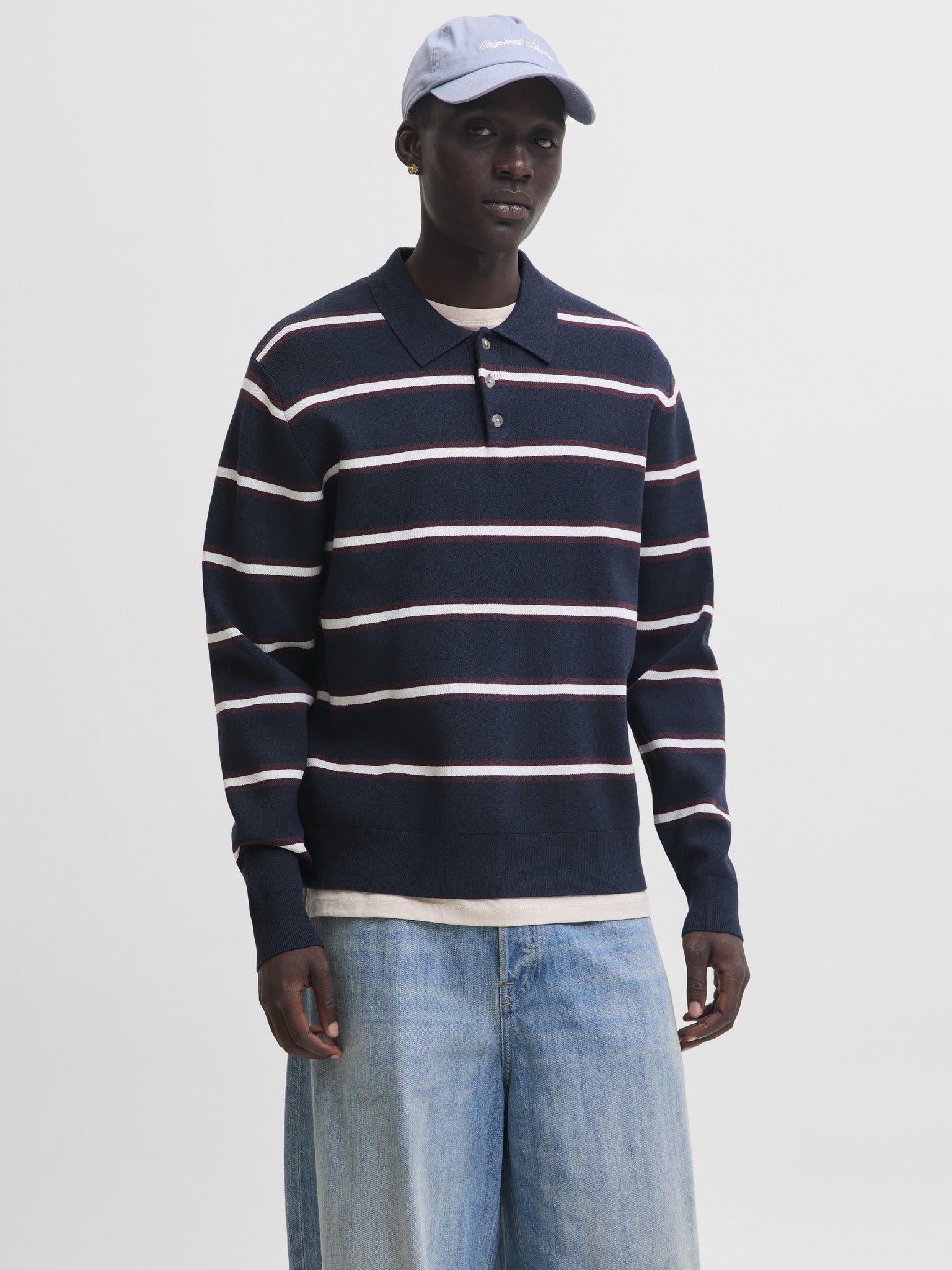 JACK & JONES Atocha Knit Stripe Polo in Sky Captain Sea Salt / Chocolate Truffle on model