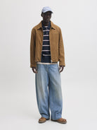 JACK & JONES Atocha Knit Stripe Polo in Sky Captain Sea Salt / Chocolate Truffle full length view