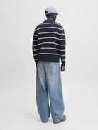 JACK & JONES Atocha Knit Stripe Polo in Sky Captain Sea Salt / Chocolate Truffle back view on model