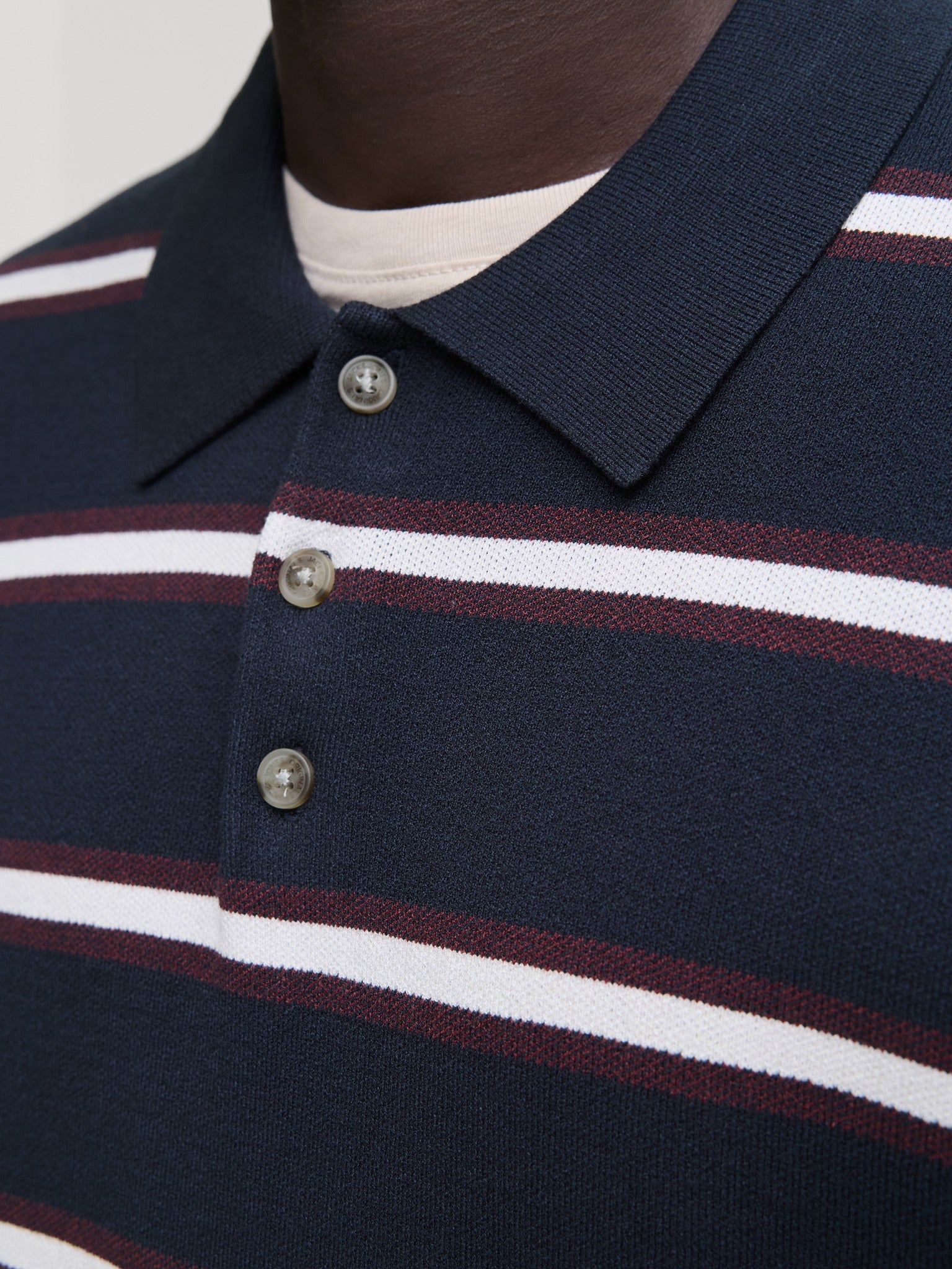 JACK & JONES Atocha Knit Stripe Polo in Sky Captain Sea Salt / Chocolate Truffle collar and button placket detail