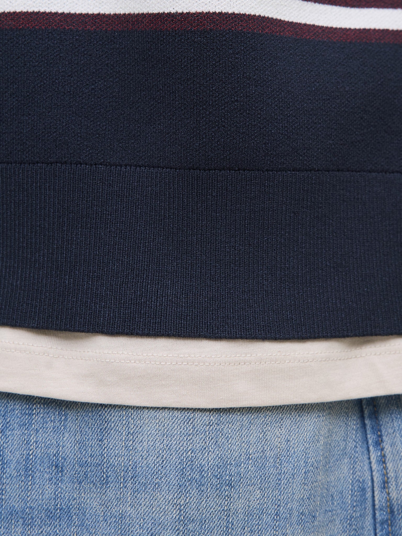 JACK & JONES Atocha Knit Stripe Polo in Sky Captain Sea Salt / Chocolate Truffle textured knit hem detail