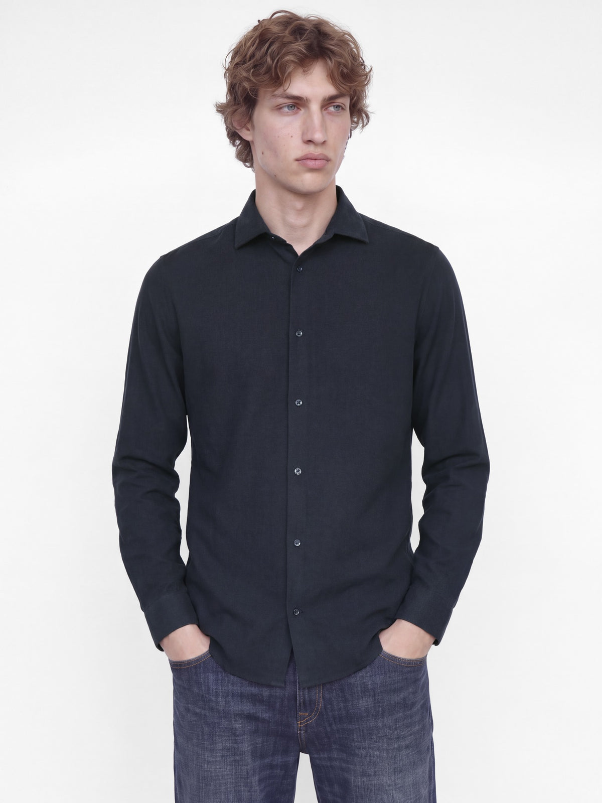 JACK & JONES Parker Corduroy Long Sleeve Shirt in Night Sky on model
