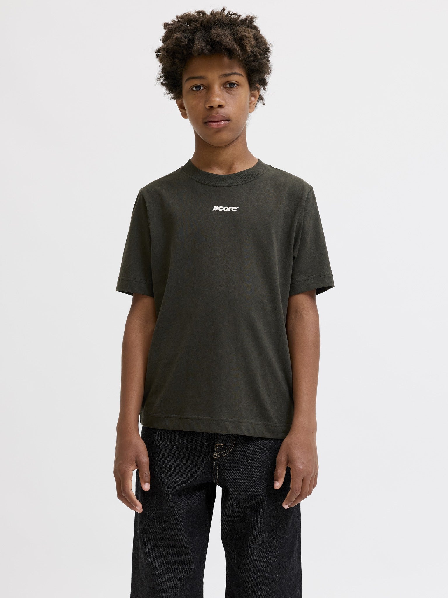 Jack Jones Youths Club Back Script Crew Neck Tee Junior in Peat front model view